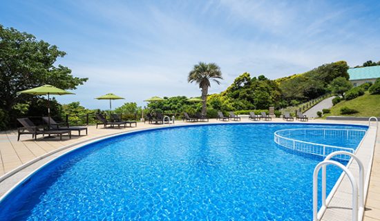 Garden pool under the open blue sky